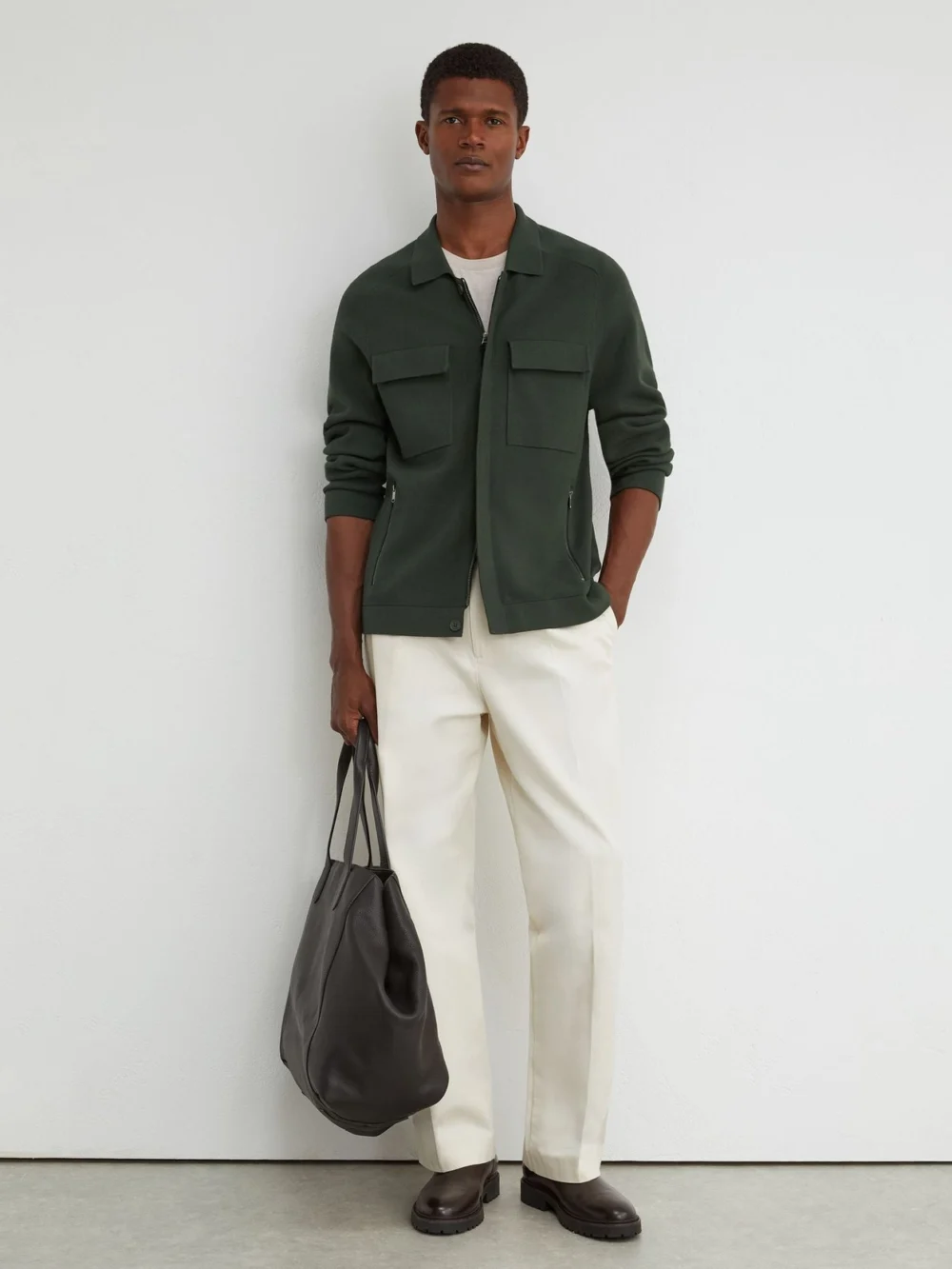 Reiss Dark Green Twin-pocket Concealed-placket Knitted Jacket, view 3