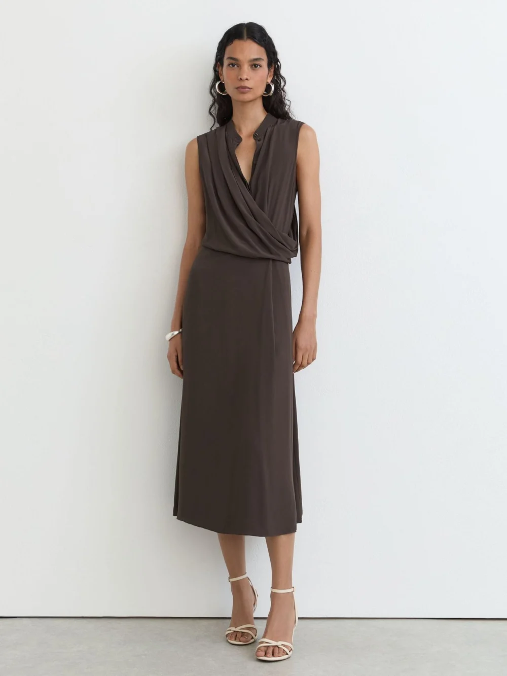 Reiss Dark Grey Drape-detail Band-collar Midi Dress