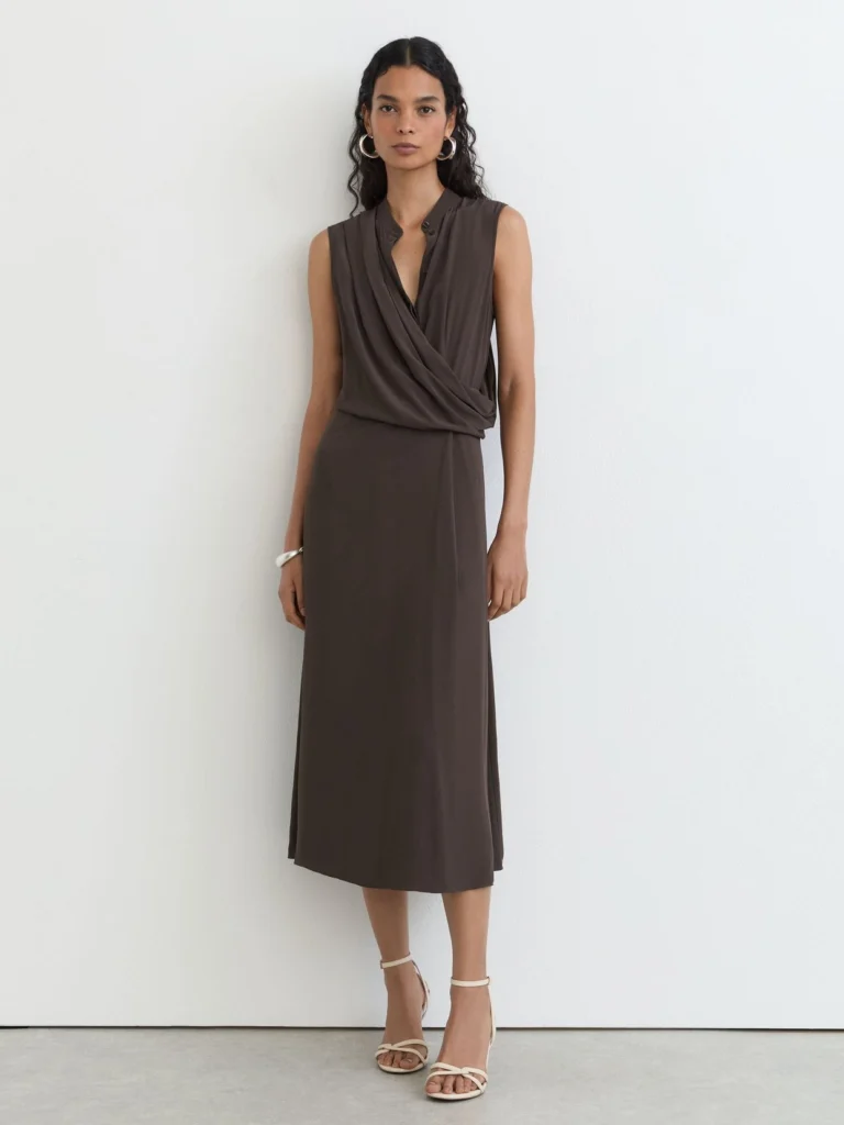 Reiss Dark Grey Drape-detail Band-collar Midi Dress