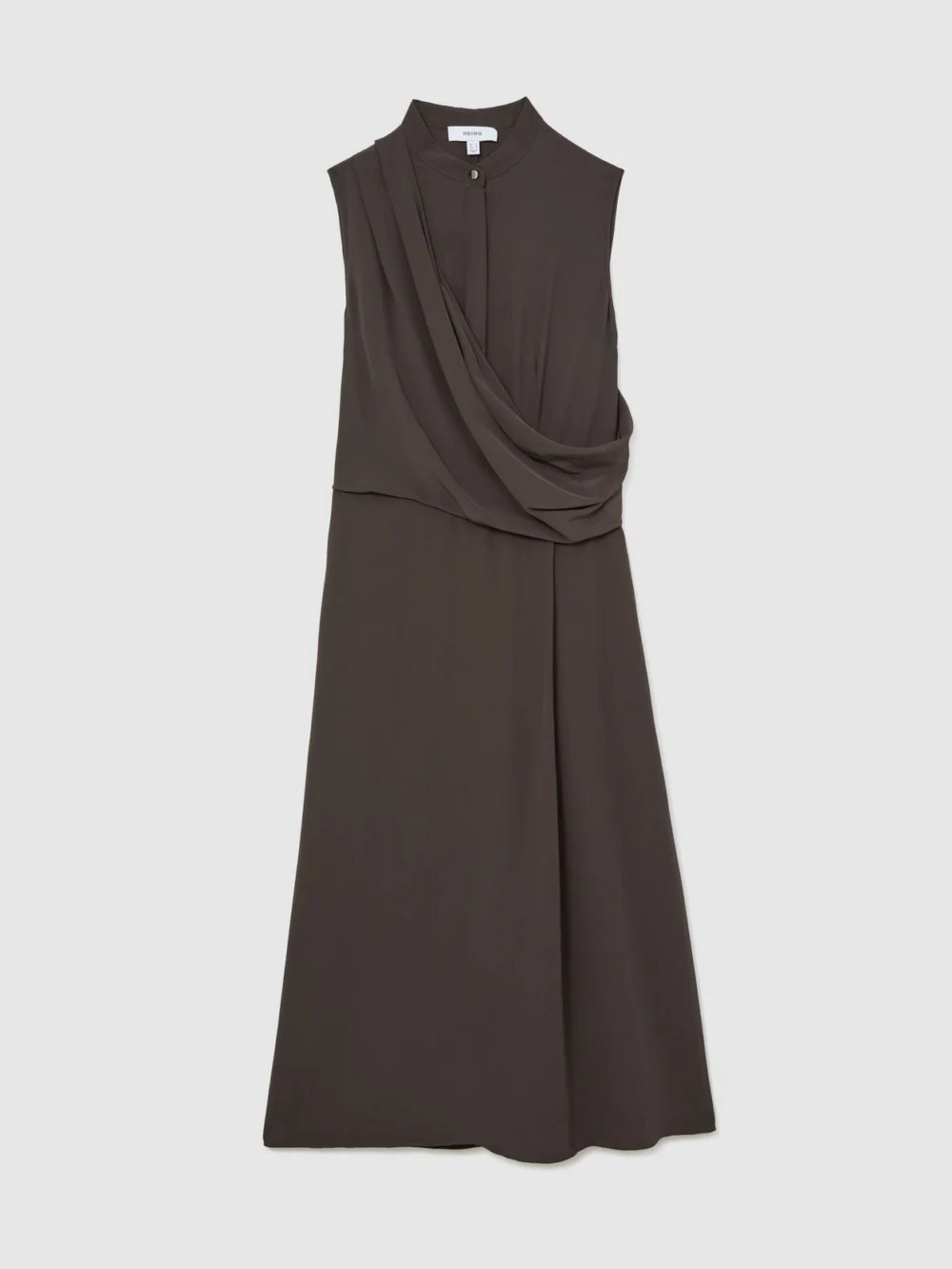 Reiss Dark Grey Drape-detail Band-collar Midi Dress, view 2