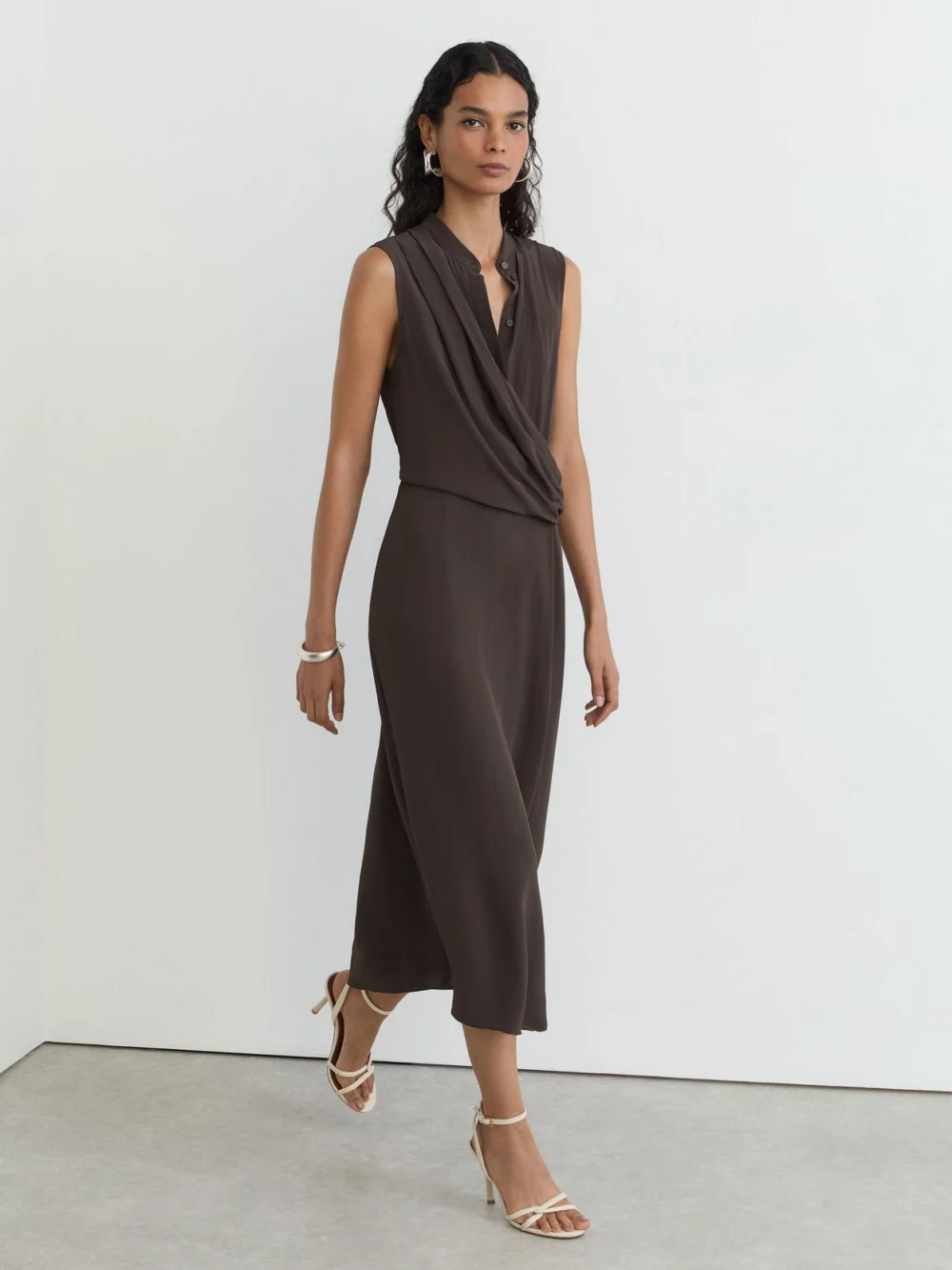 Reiss Dark Grey Drape-detail Band-collar Midi Dress, view 4