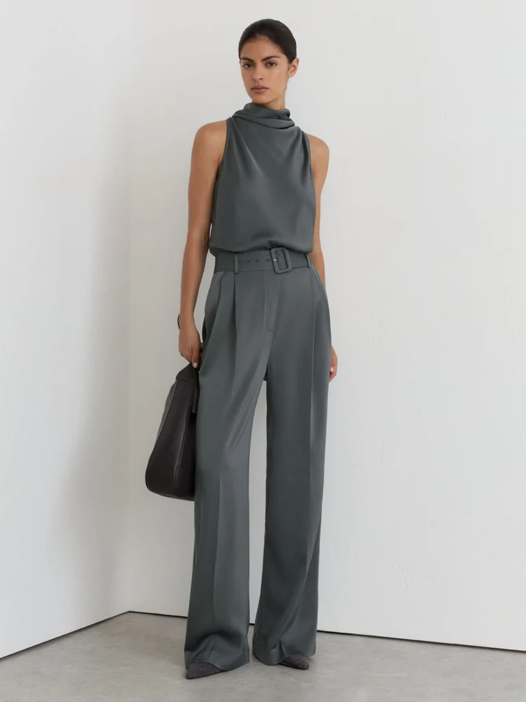 Reiss Dark Grey Petite Satin Cowl-neck Wide-leg Jumpsuit