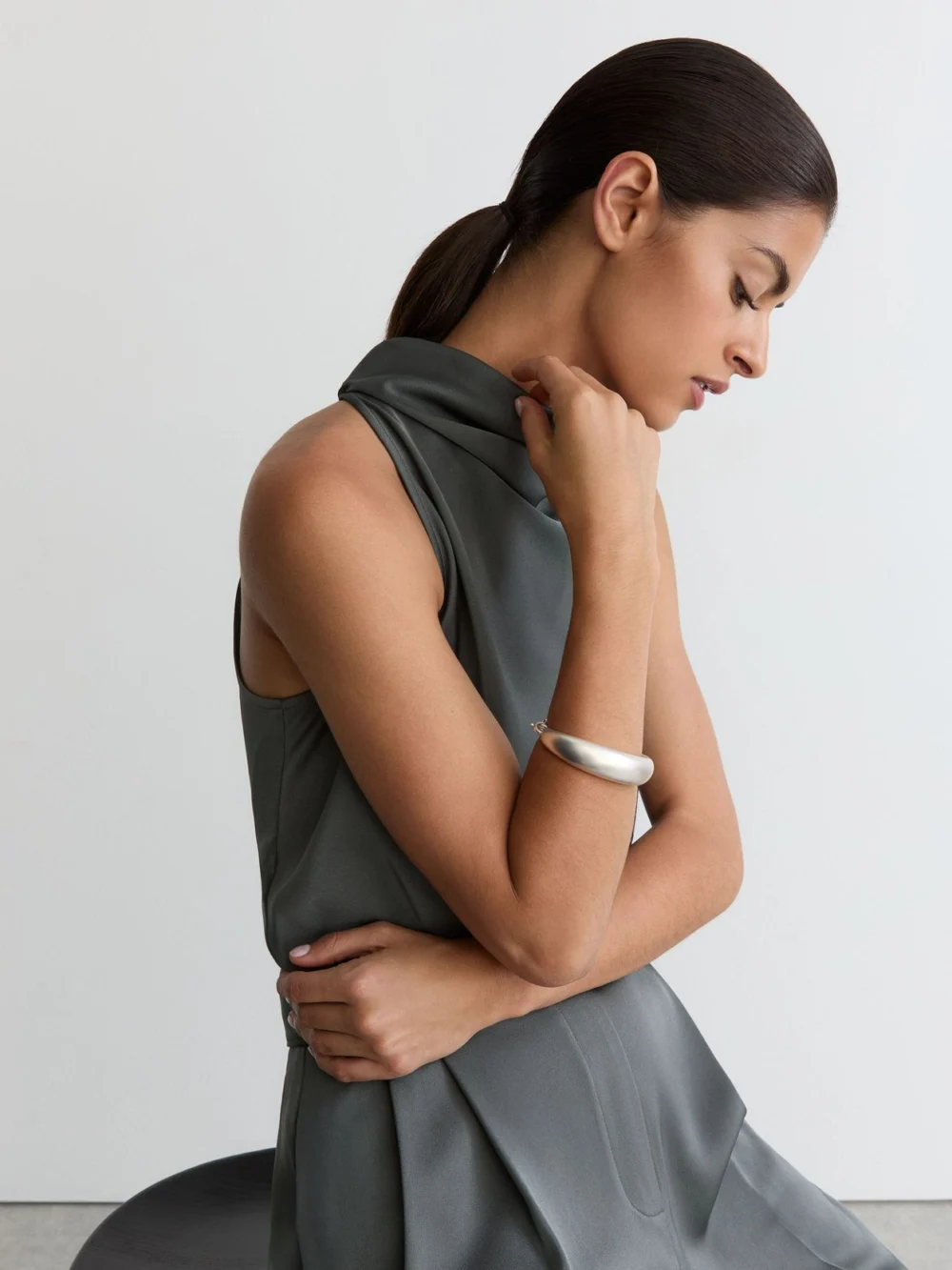 Reiss Dark Grey Petite Satin Cowl-neck Wide-leg Jumpsuit, view 3