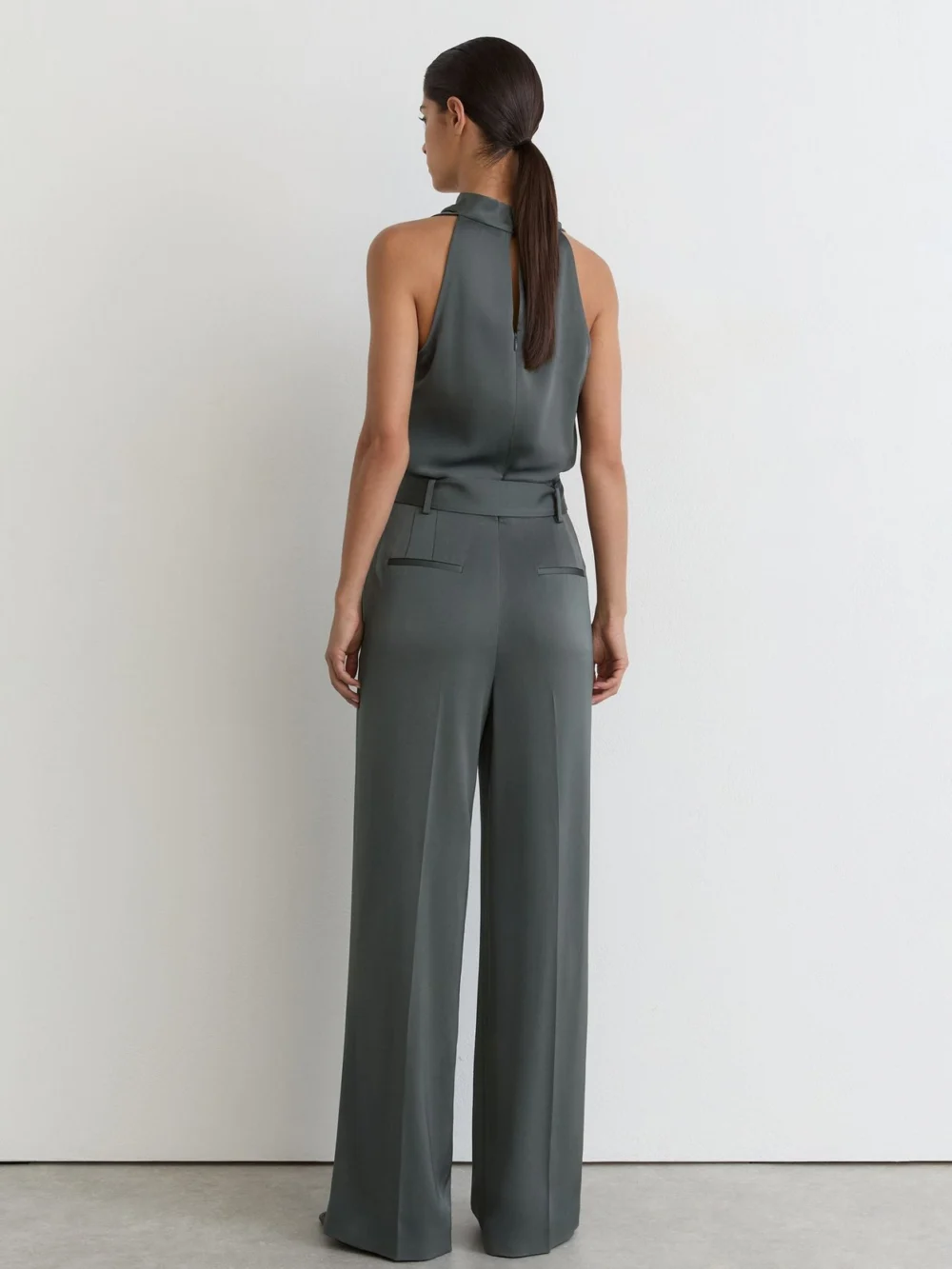 Reiss Dark Grey Petite Satin Cowl-neck Wide-leg Jumpsuit, view 4