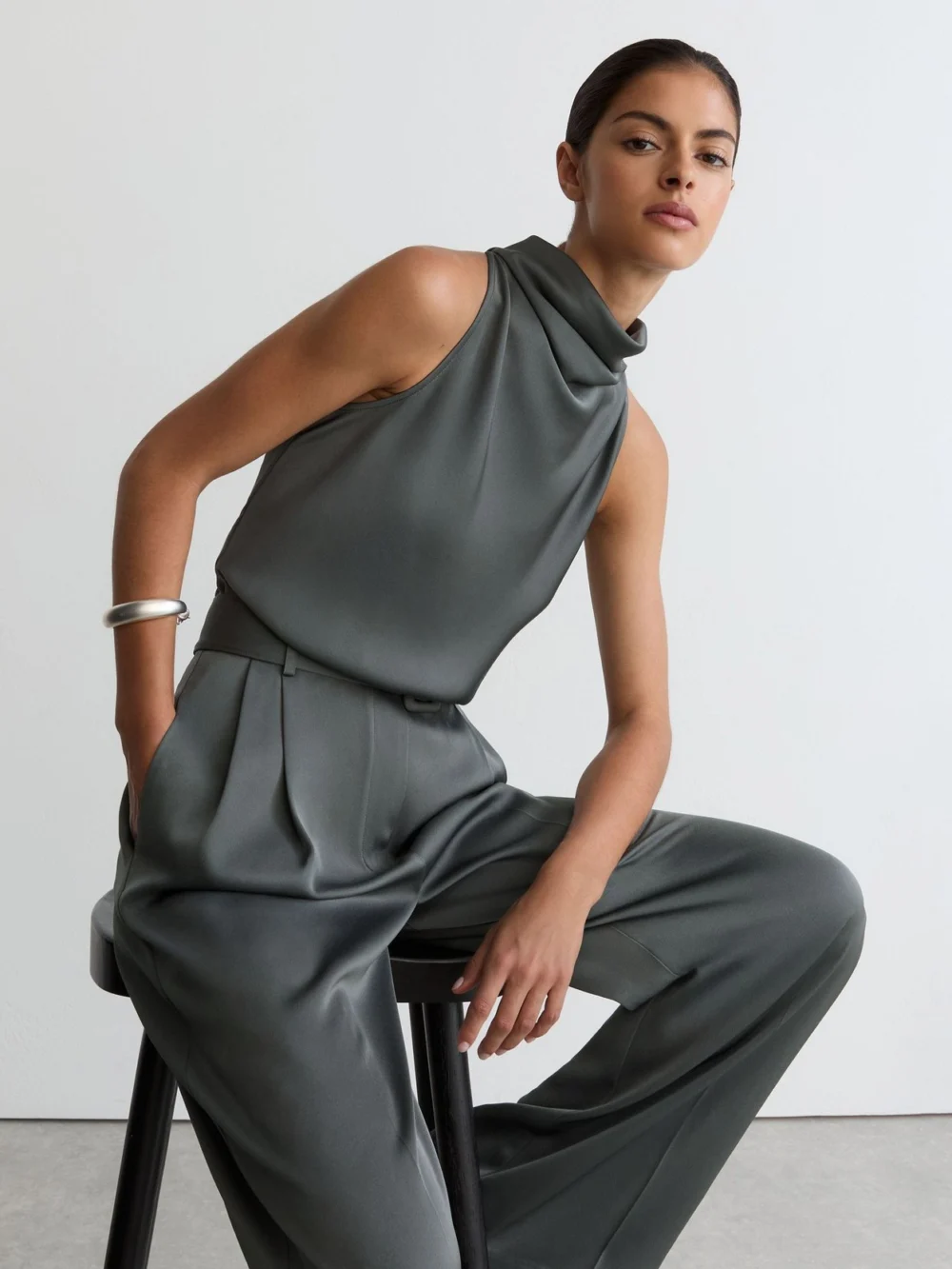 Reiss Dark Grey Petite Satin Cowl-neck Wide-leg Jumpsuit, view 5