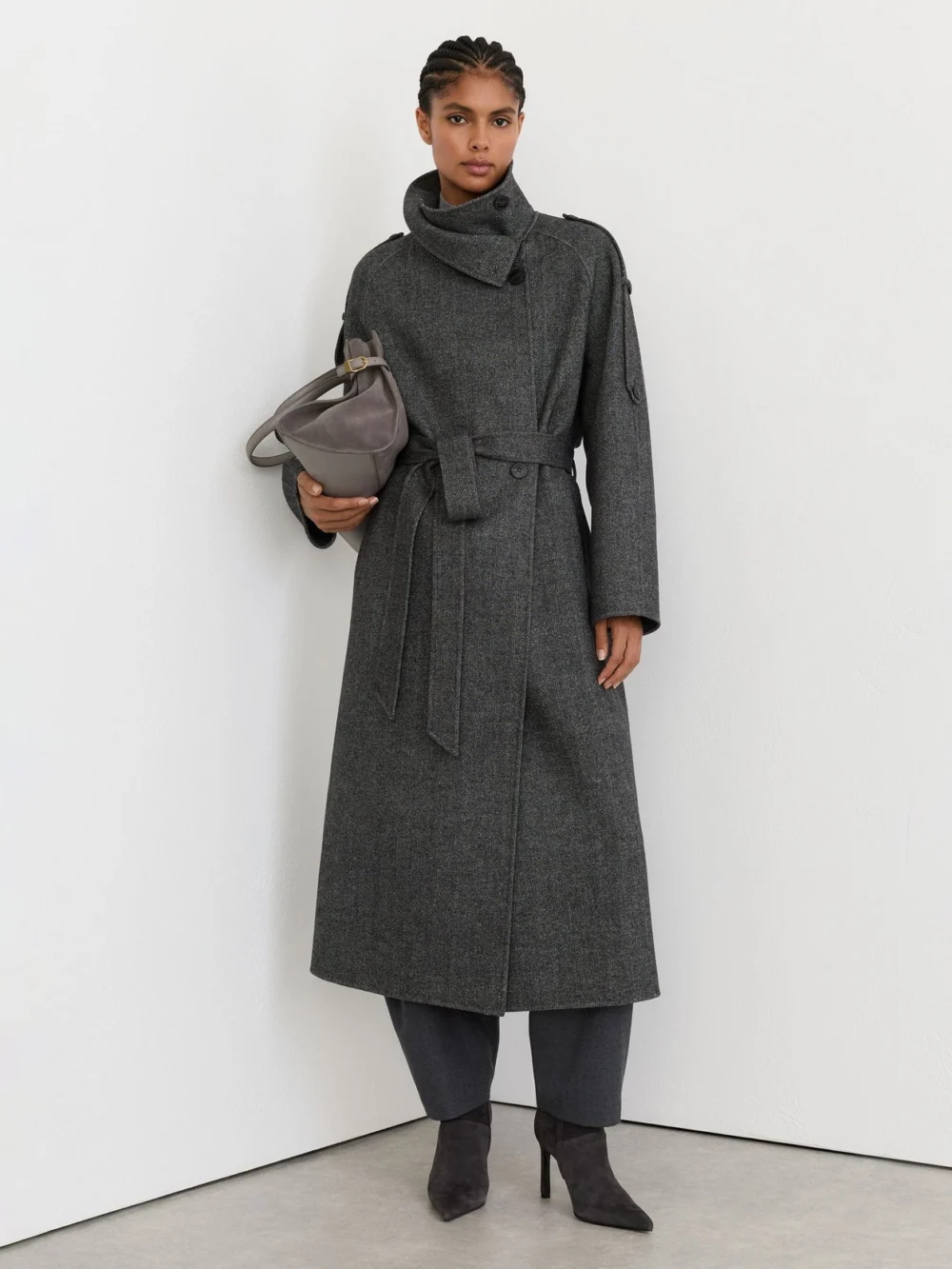 Reiss Dark Grey Petite Wool-blend Herringbone Long Trench Coat