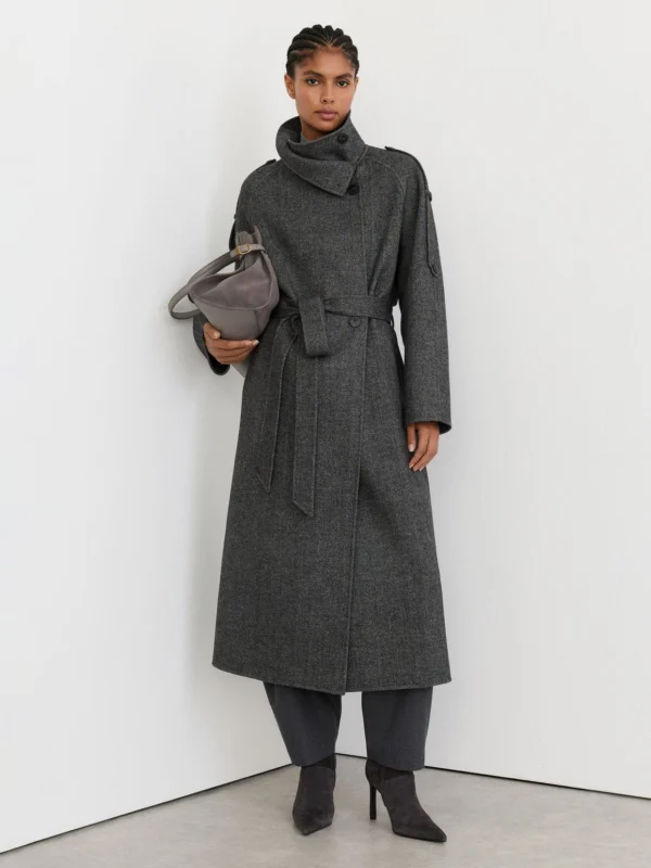 Reiss Dark Grey Petite Wool-blend Herringbone Long Trench Coat