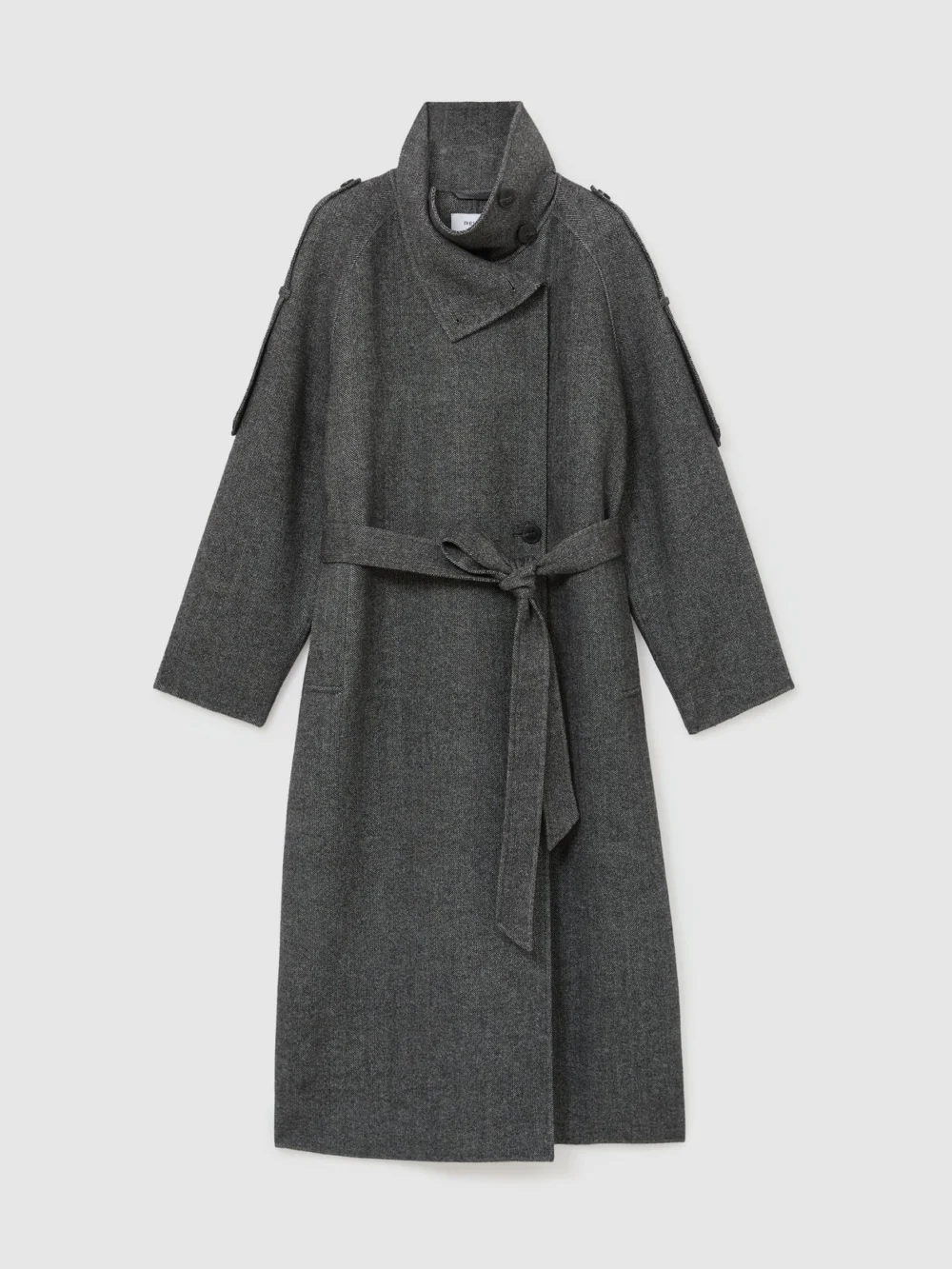 Reiss Dark Grey Petite Wool-blend Herringbone Long Trench Coat, view 3