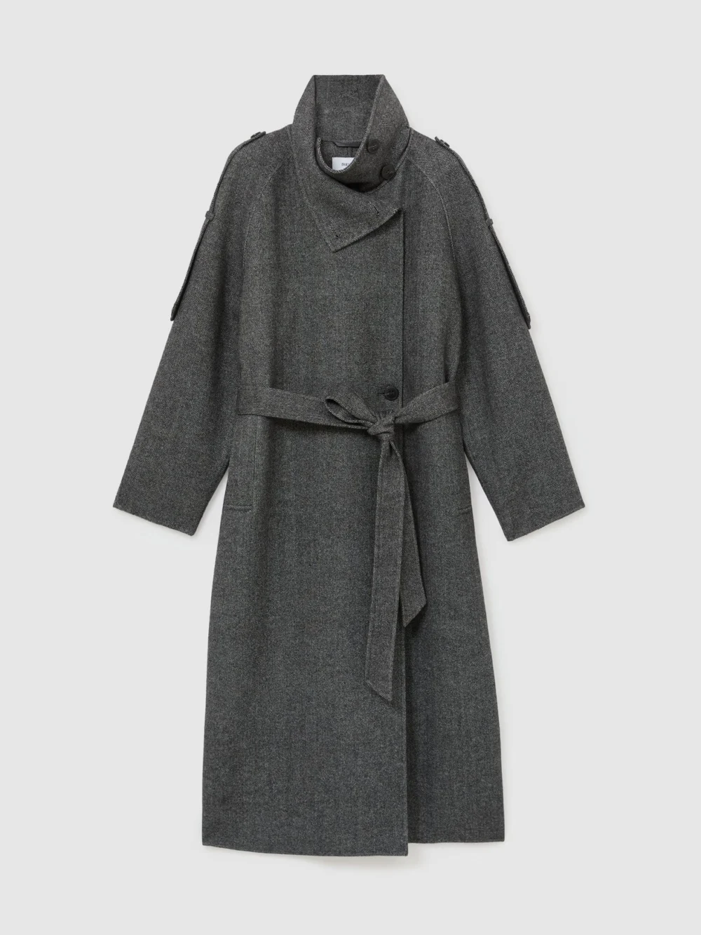 Reiss Dark Grey Petite Wool-blend Herringbone Long Trench Coat, view 6