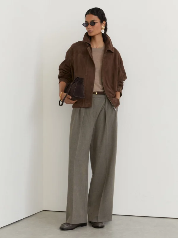 Reiss Dark Grey Pleated Wide-leg Trousers