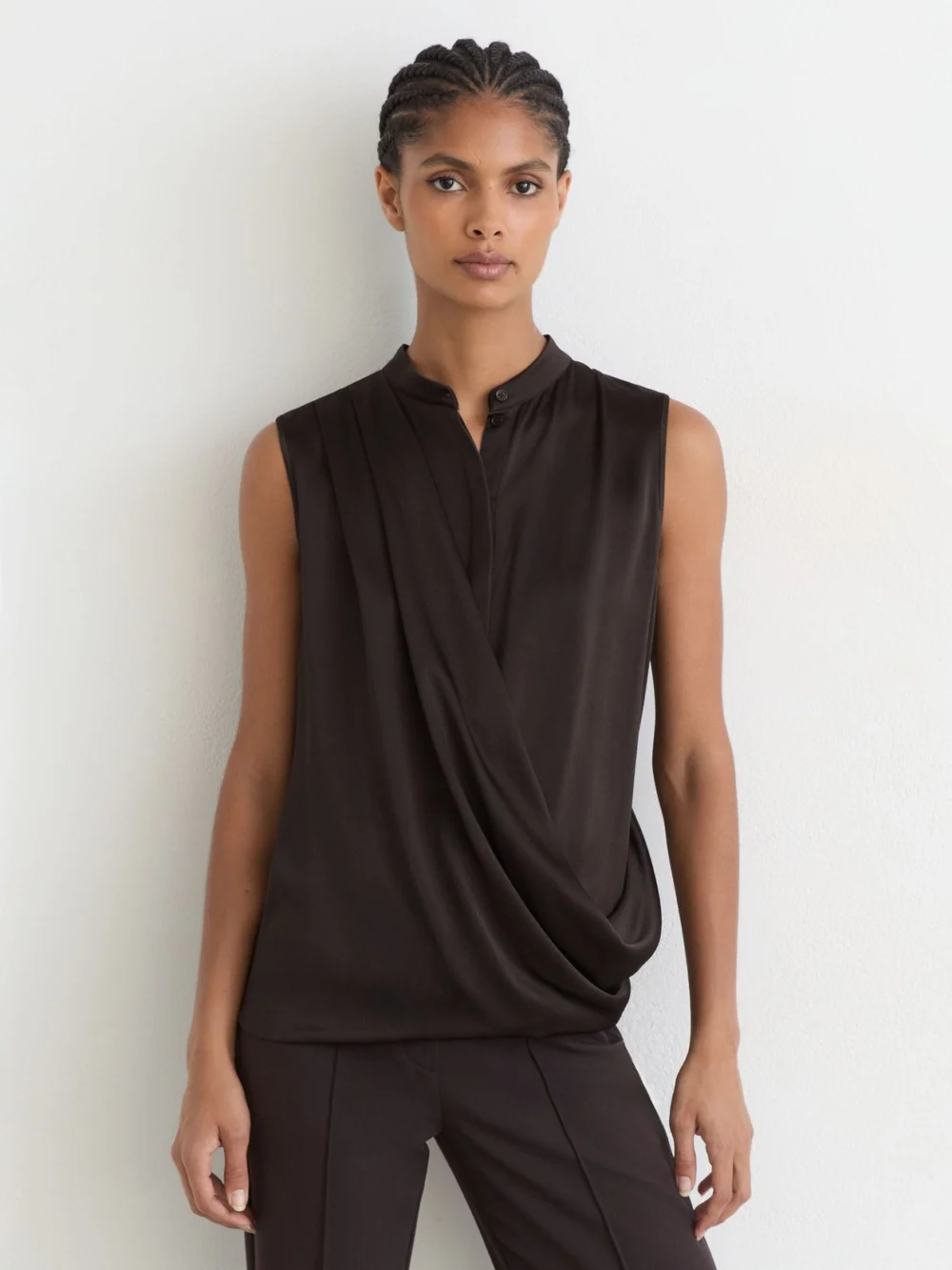 Reiss Dark Grey Silk Draped Sleeveless Top, view 4