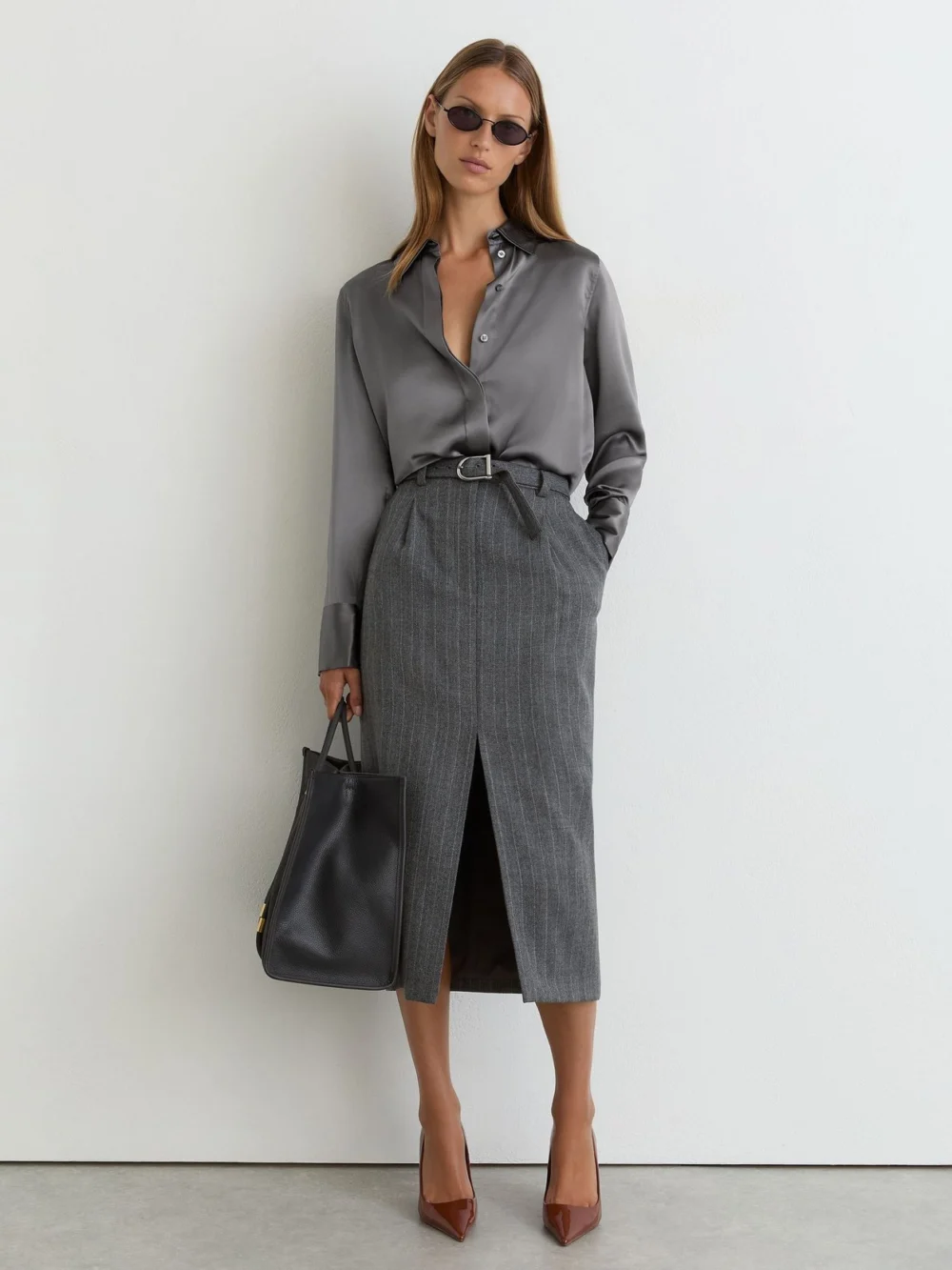 Reiss Dark Grey Silk-satin Concealed-placket Shirt, view 3