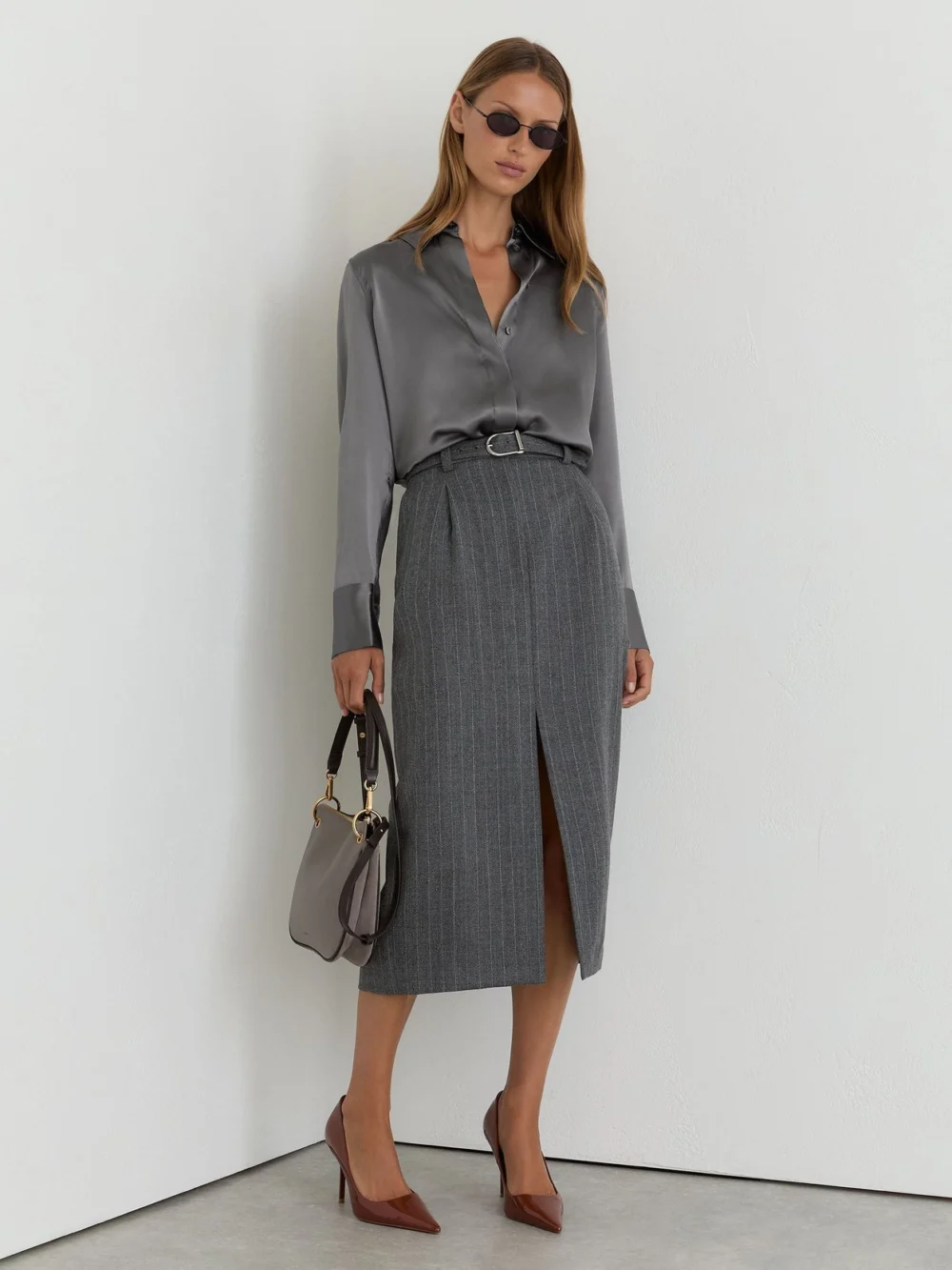 Reiss Dark Grey Silk-satin Concealed-placket Shirt, view 5