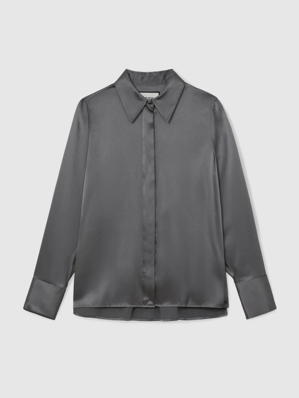 Reiss Dark Grey Silk-satin Concealed-placket Shirt, view 6