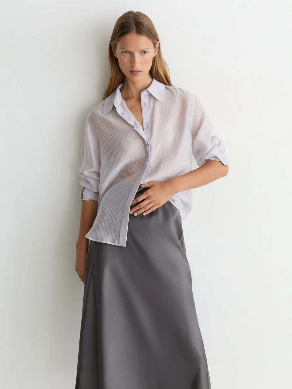 Reiss Dark Grey Silk Slip Midi Skirt