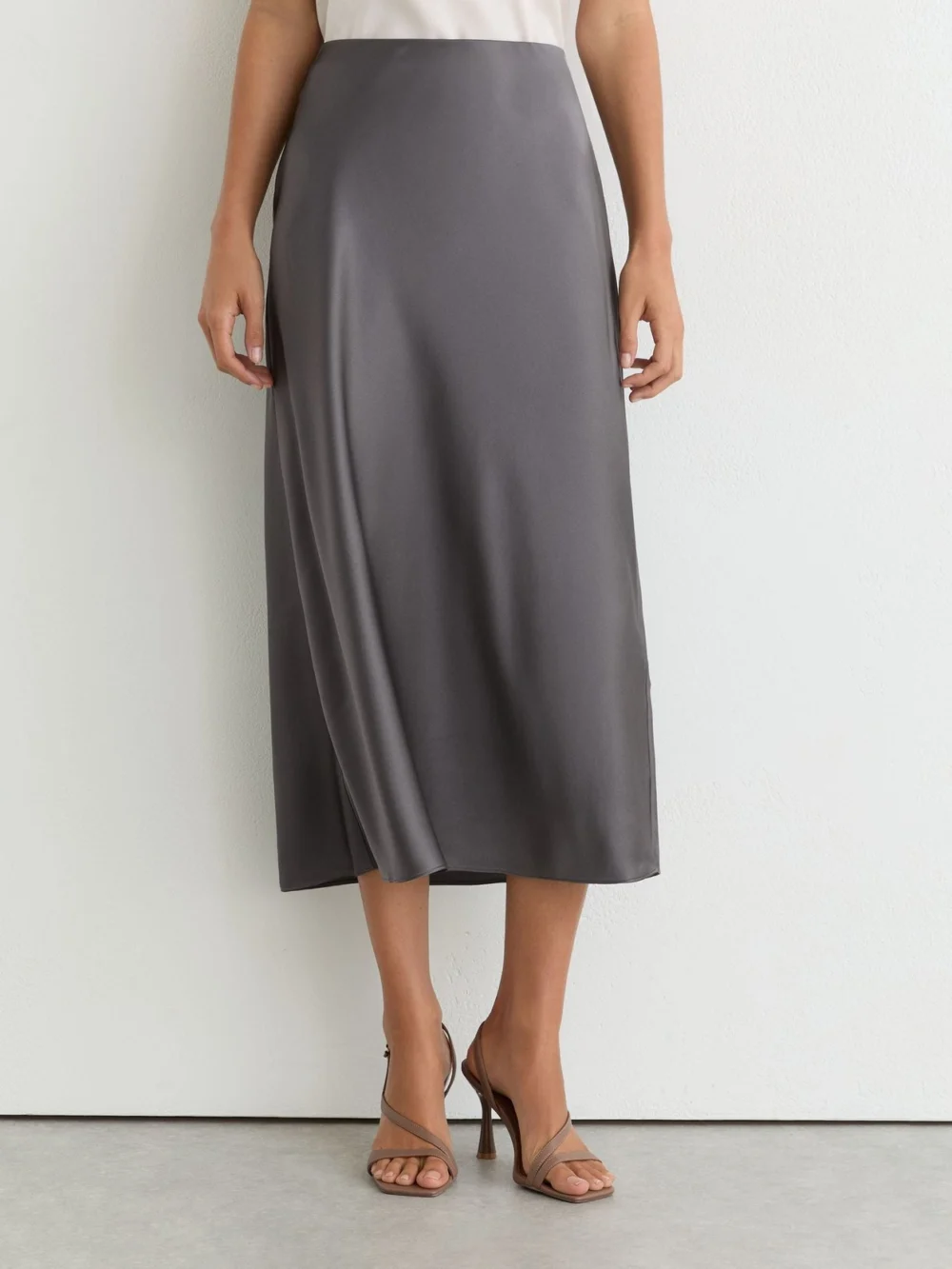Reiss Dark Grey Silk Slip Midi Skirt, view 3
