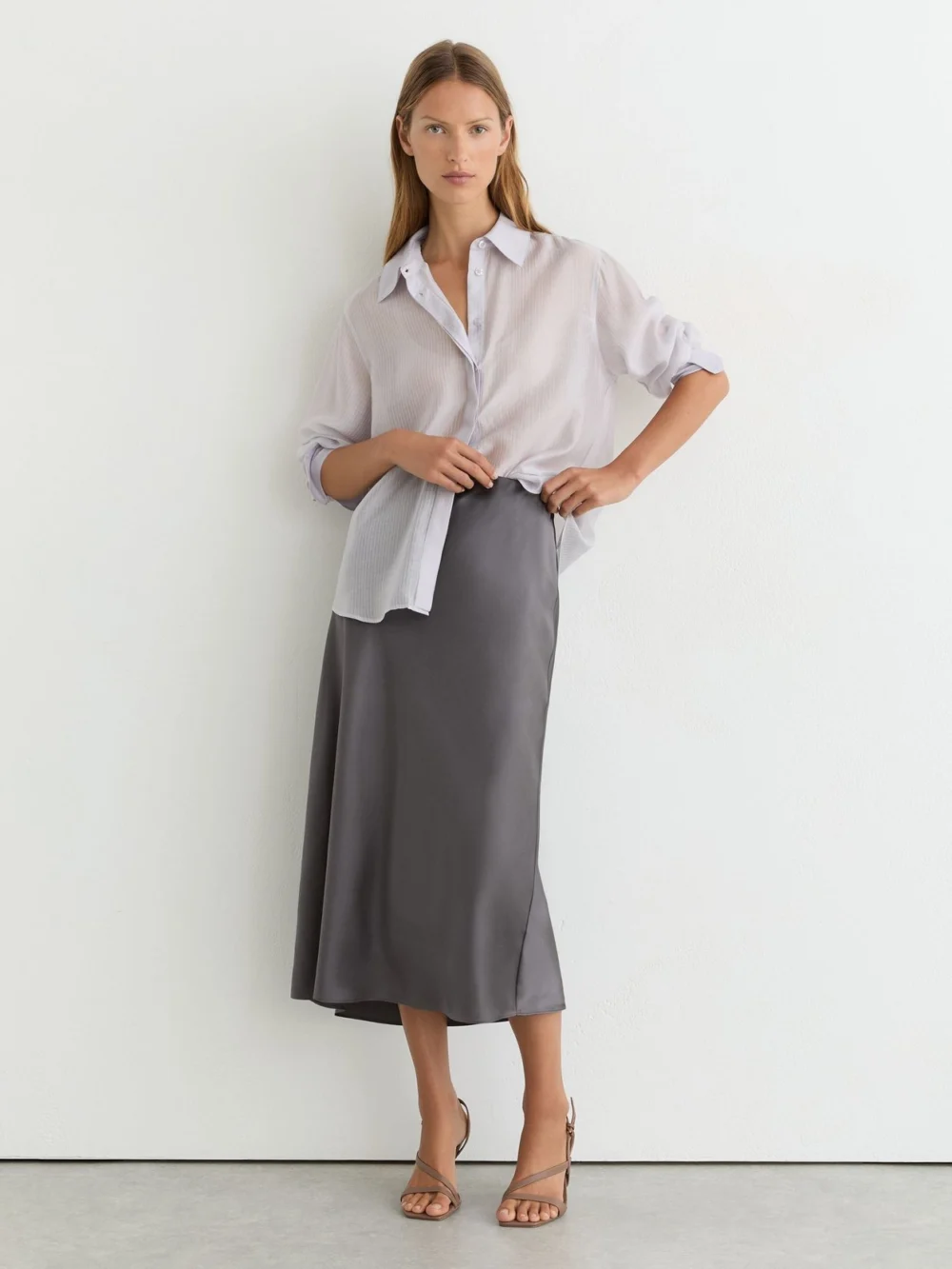 Reiss Dark Grey Silk Slip Midi Skirt, view 4