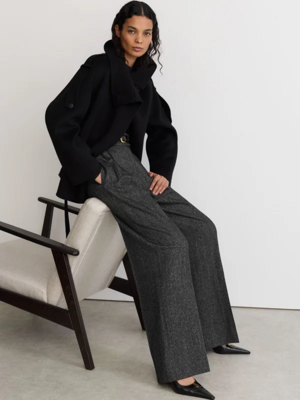 Reiss Dark Grey Wool-silk Herringbone Wide-leg Trousers