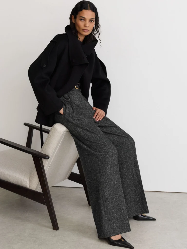 Reiss Dark Grey Wool-silk Herringbone Wide-leg Trousers