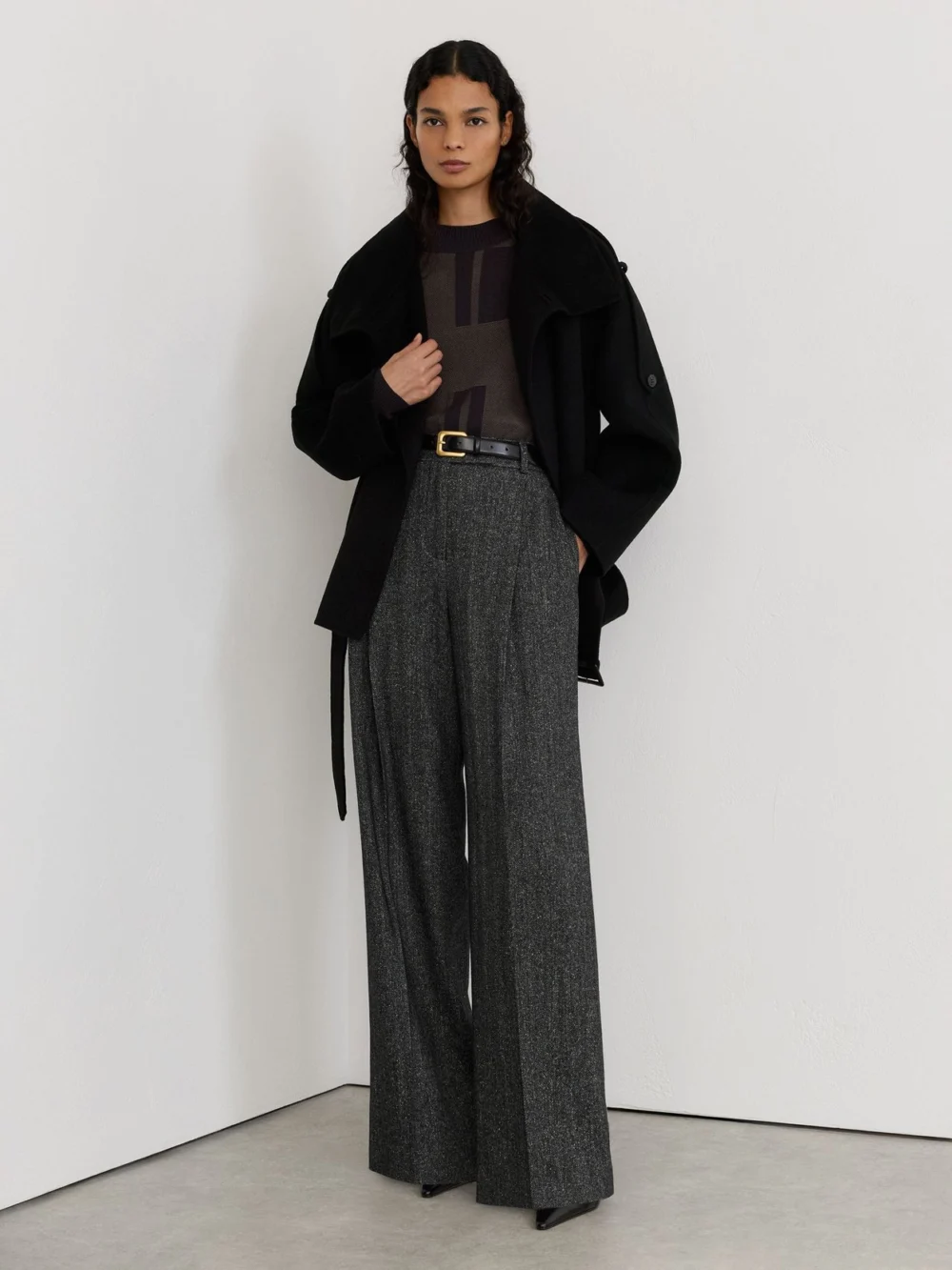 Reiss Dark Grey Wool-silk Herringbone Wide-leg Trousers, view 3