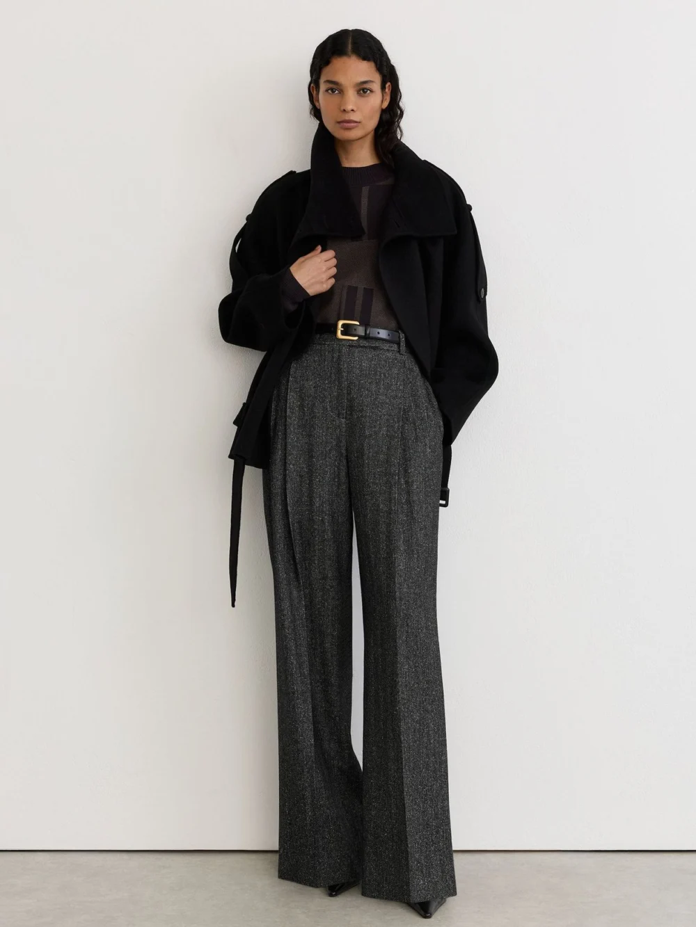 Reiss Dark Grey Wool-silk Herringbone Wide-leg Trousers, view 5