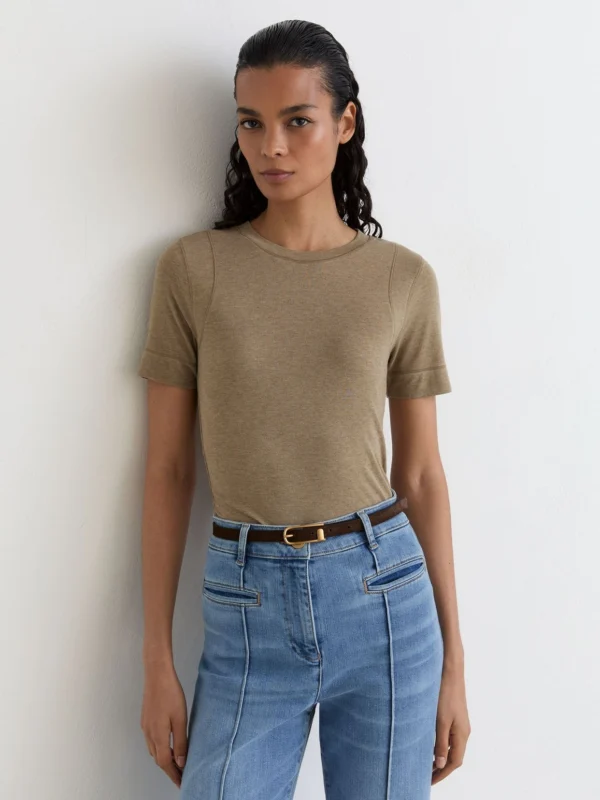 Reiss Dark Neutral Lyocell-wool Ruched Crew-neck T-shirt