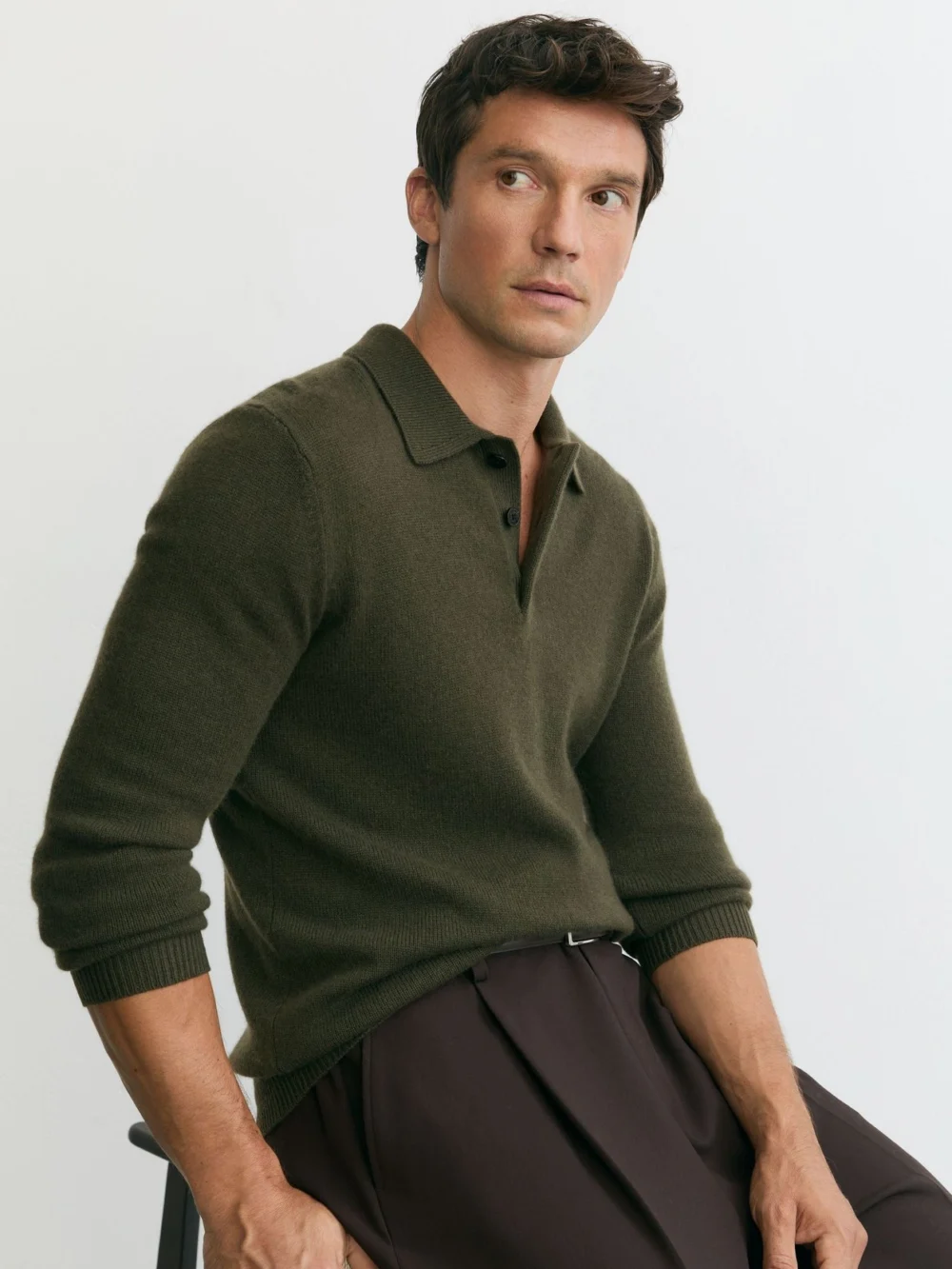 Reiss Dark Olive Cashmere Half-button Polo Shirt