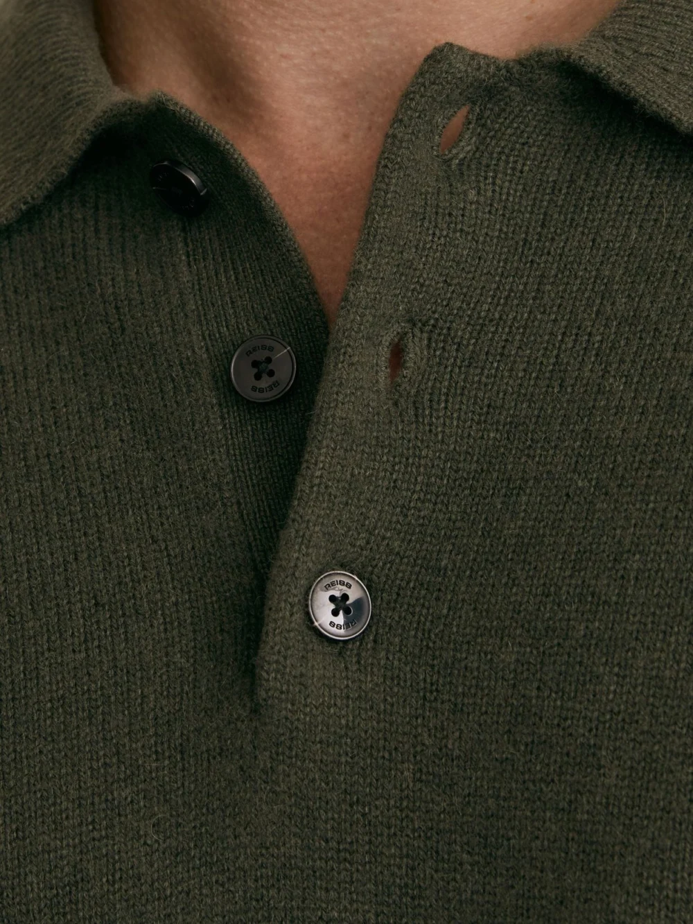 Reiss Dark Olive Cashmere Half-button Polo Shirt, view 3