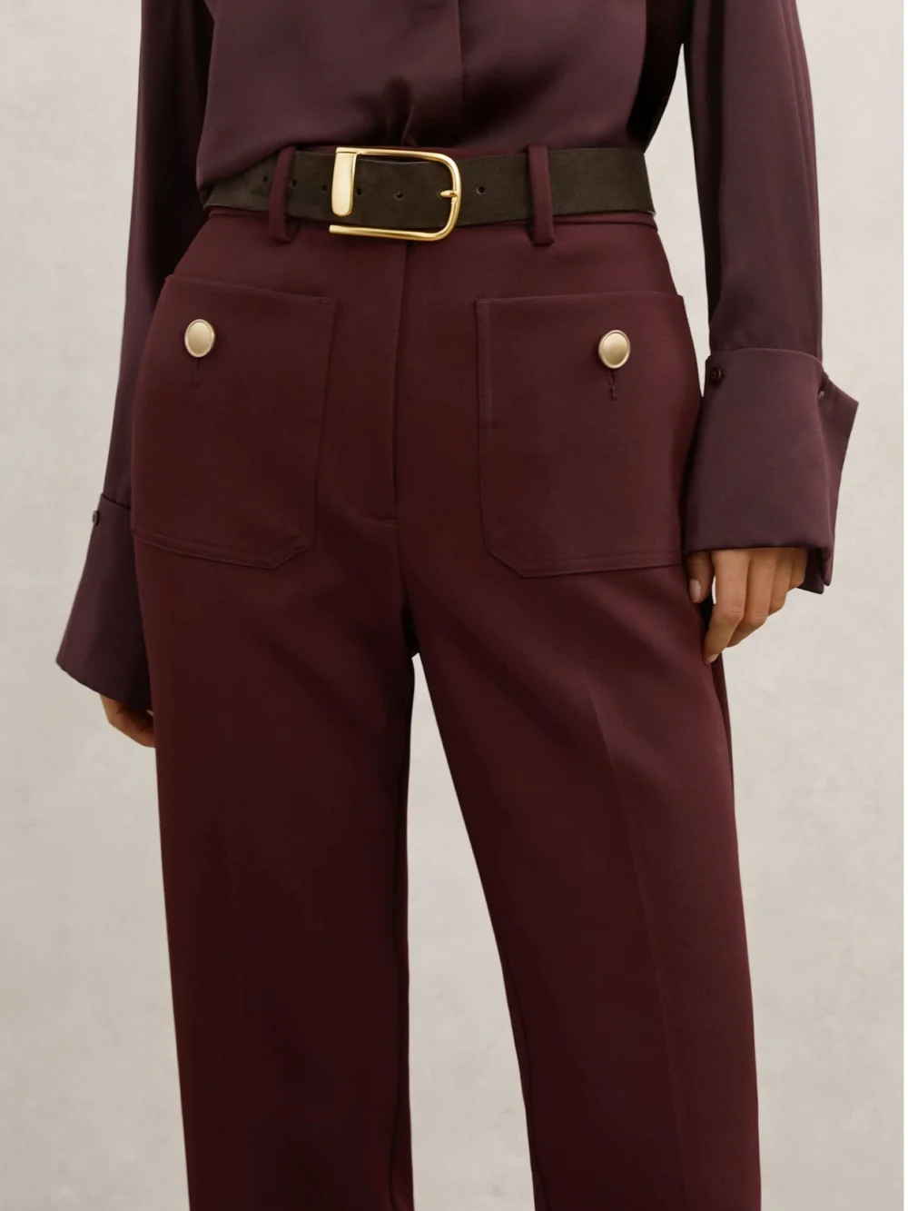 Reiss Dark Red Button-pocket Flared Trousers, view 4