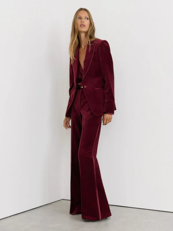 Reiss Dark Red Velvet Flared Tuxedo Trousers