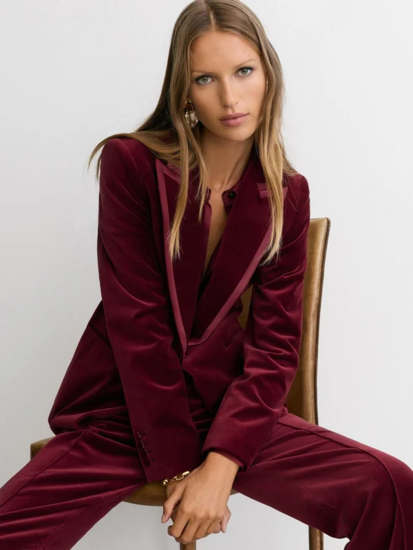 Reiss Dark Red Velvet Satin-trim Single-breasted Suit Blazer