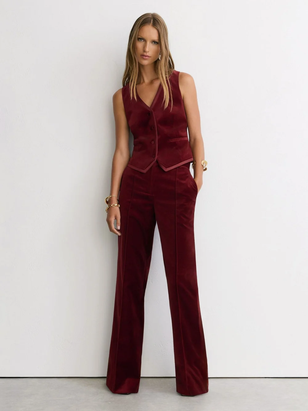 Reiss Dark Red Velvet Satin-trim Tailored Waistcoat