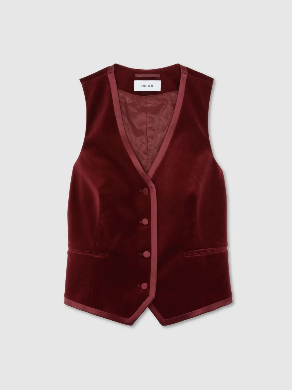 Reiss Dark Red Velvet Satin-trim Tailored Waistcoat, view 2