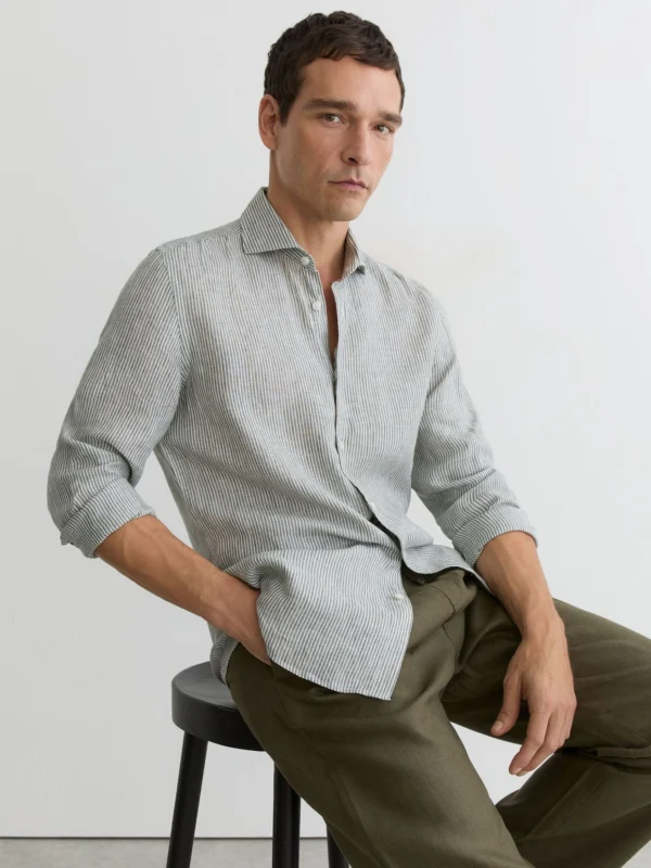 Reiss Dark Sage & White Fine Ruban Linend Cutaway-collar Shirt Regular-fit, M
