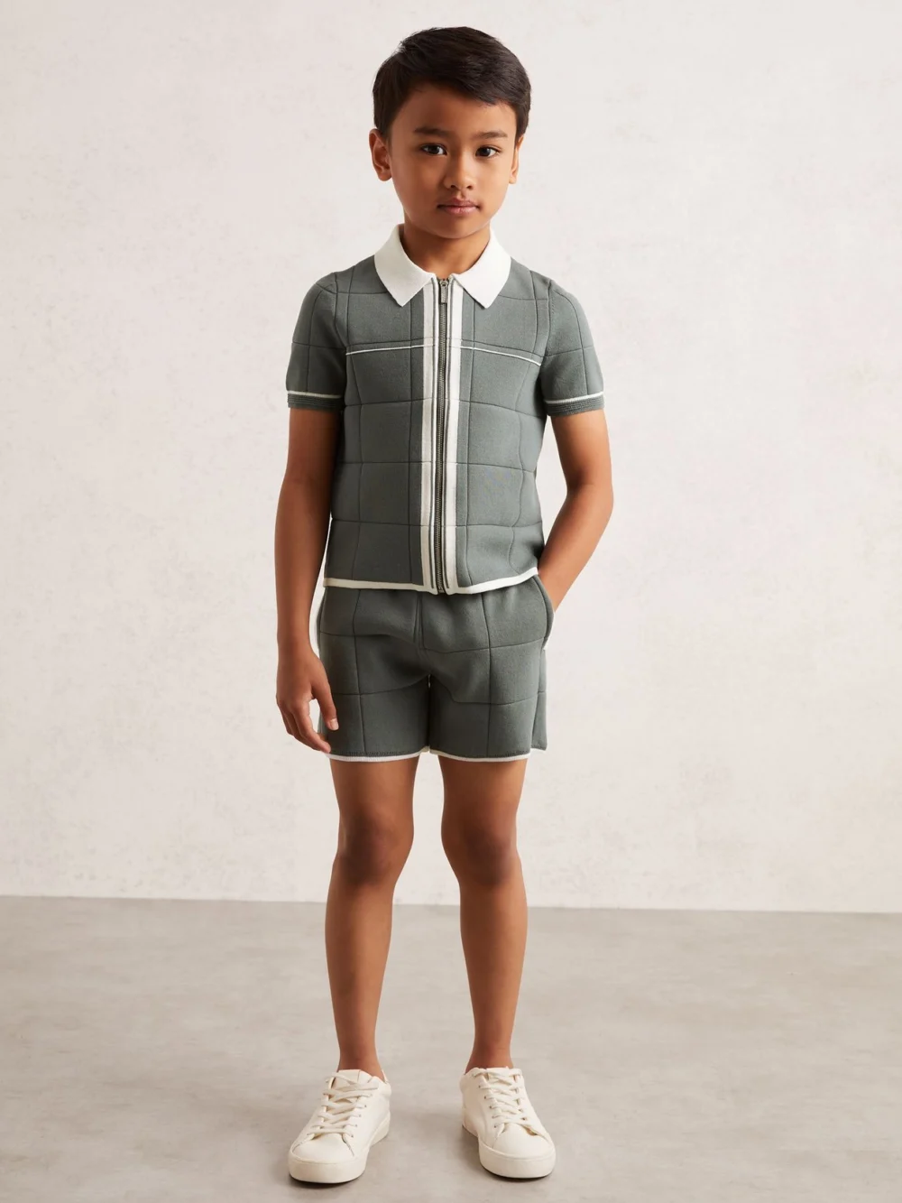 Reiss Dark Sage Green 9-13 yrs Tipped Knit Stitch-detail Shorts, view 6