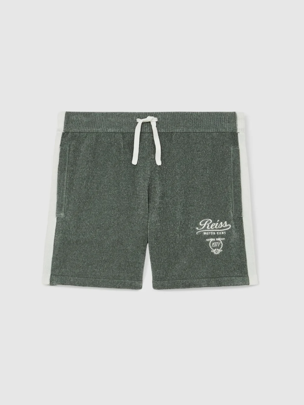 Reiss Dark Sage Green & White 13-14 yrs Chenille Tipped Motor Cars Shorts, in dark sage green/white