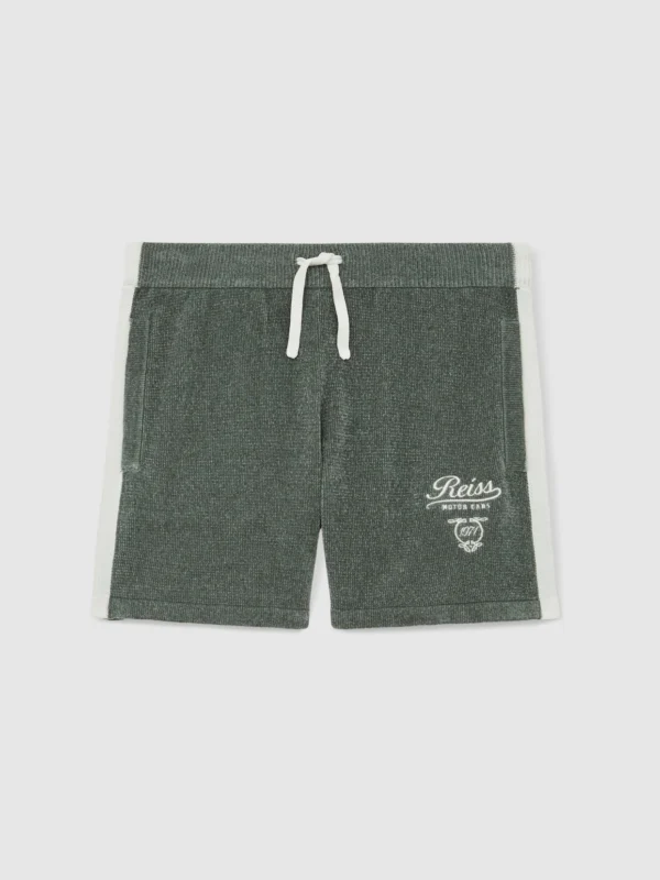 Reiss Dark Sage Green & White 13-14 yrs Chenille Tipped Motor Cars Shorts,