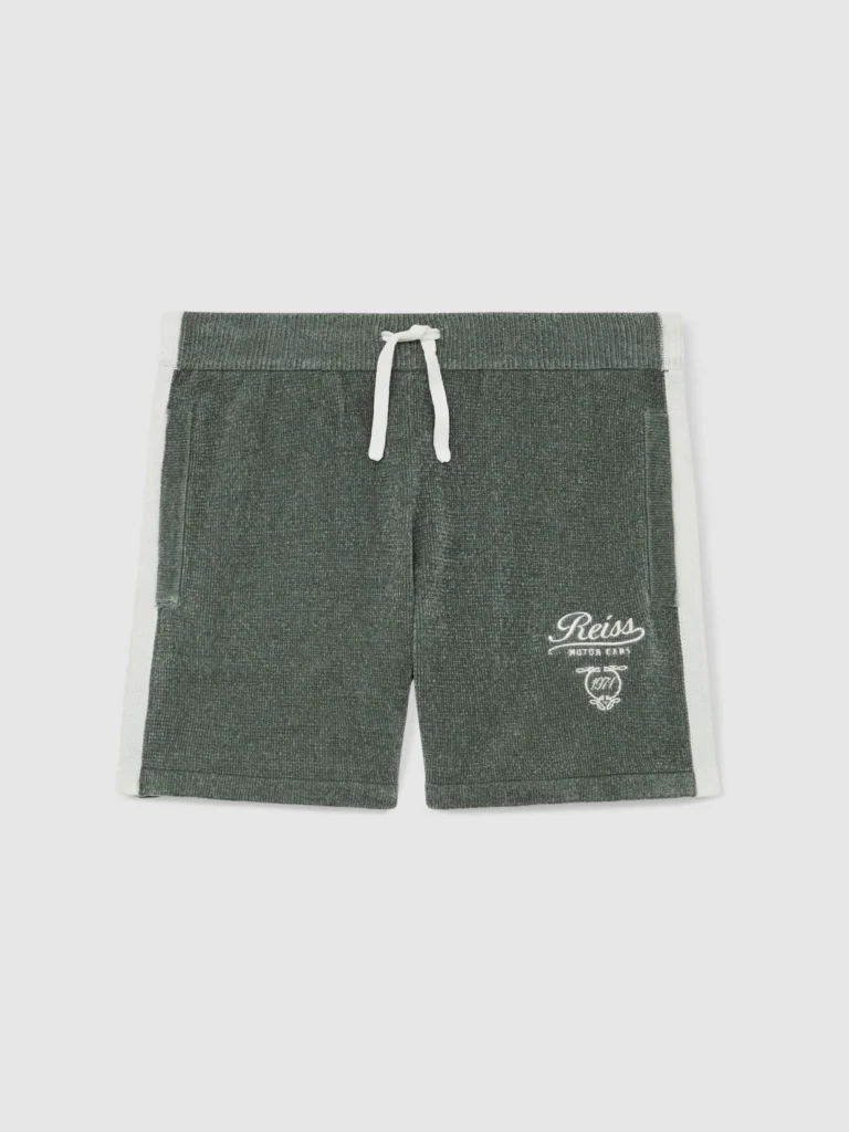 Reiss Dark Sage Green & White 13-14 yrs Chenille Tipped Motor Cars Shorts,