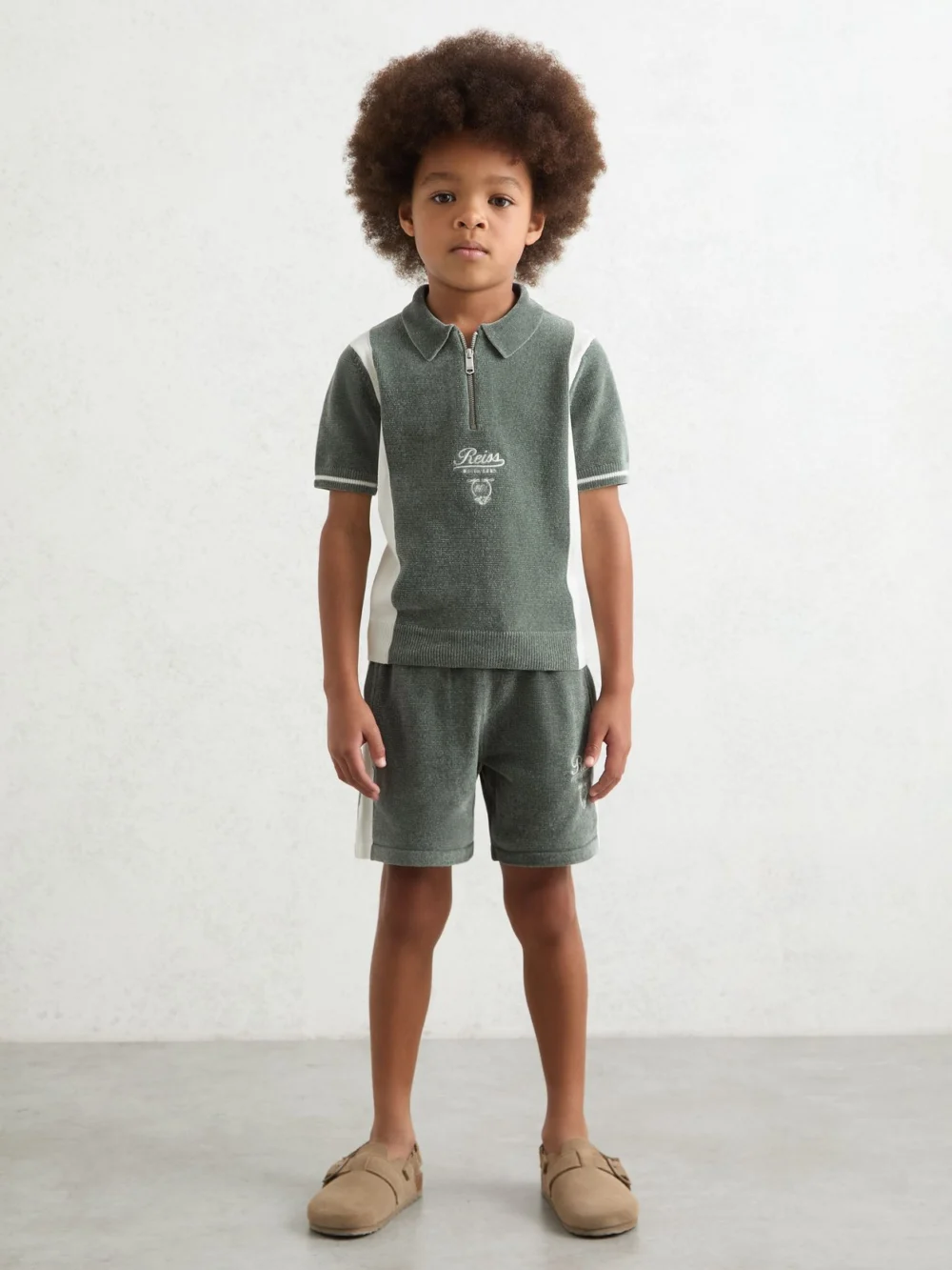 Reiss Dark Sage Green & White 13-14 yrs Chenille Tipped Motor Cars Shorts,, view 2