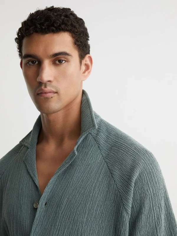 Reiss Dark Sage Textured Raglan Cuban-collar Shirt