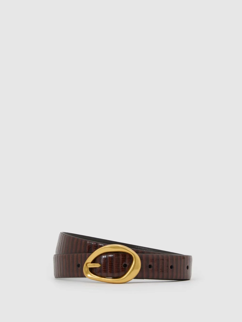 Reiss Dark Tan Leather Lizard-effect Sculpted-buckle Belt, view 2