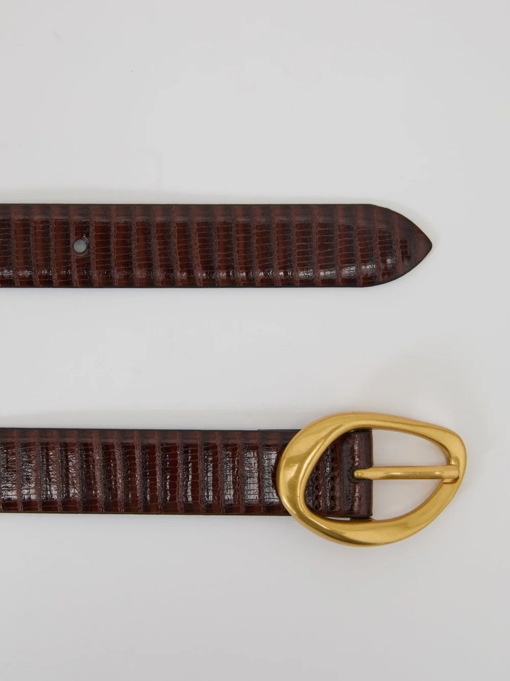 Reiss Dark Tan Leather Lizard-effect Sculpted-buckle Belt, view 3