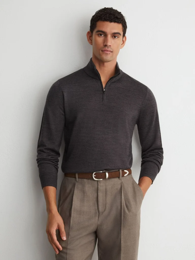 Reiss Dark Wicker Brown Merino Wool Half-zip Jumper