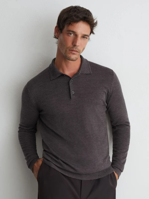 Reiss Dark Wicker Brown Merino Wool Long-sleeve Polo Shirt
