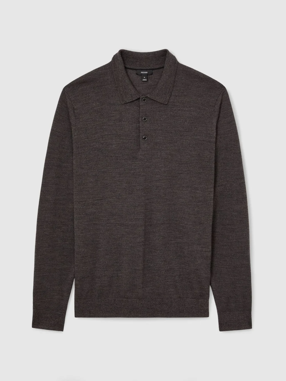 Reiss Dark Wicker Brown Merino Wool Long-sleeve Polo Shirt, view 2