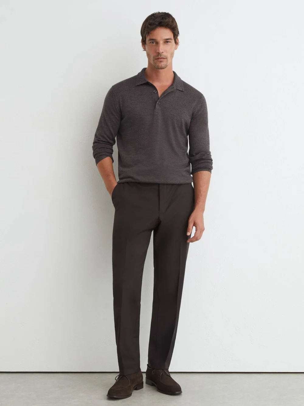 Reiss Dark Wicker Brown Merino Wool Long-sleeve Polo Shirt, view 4