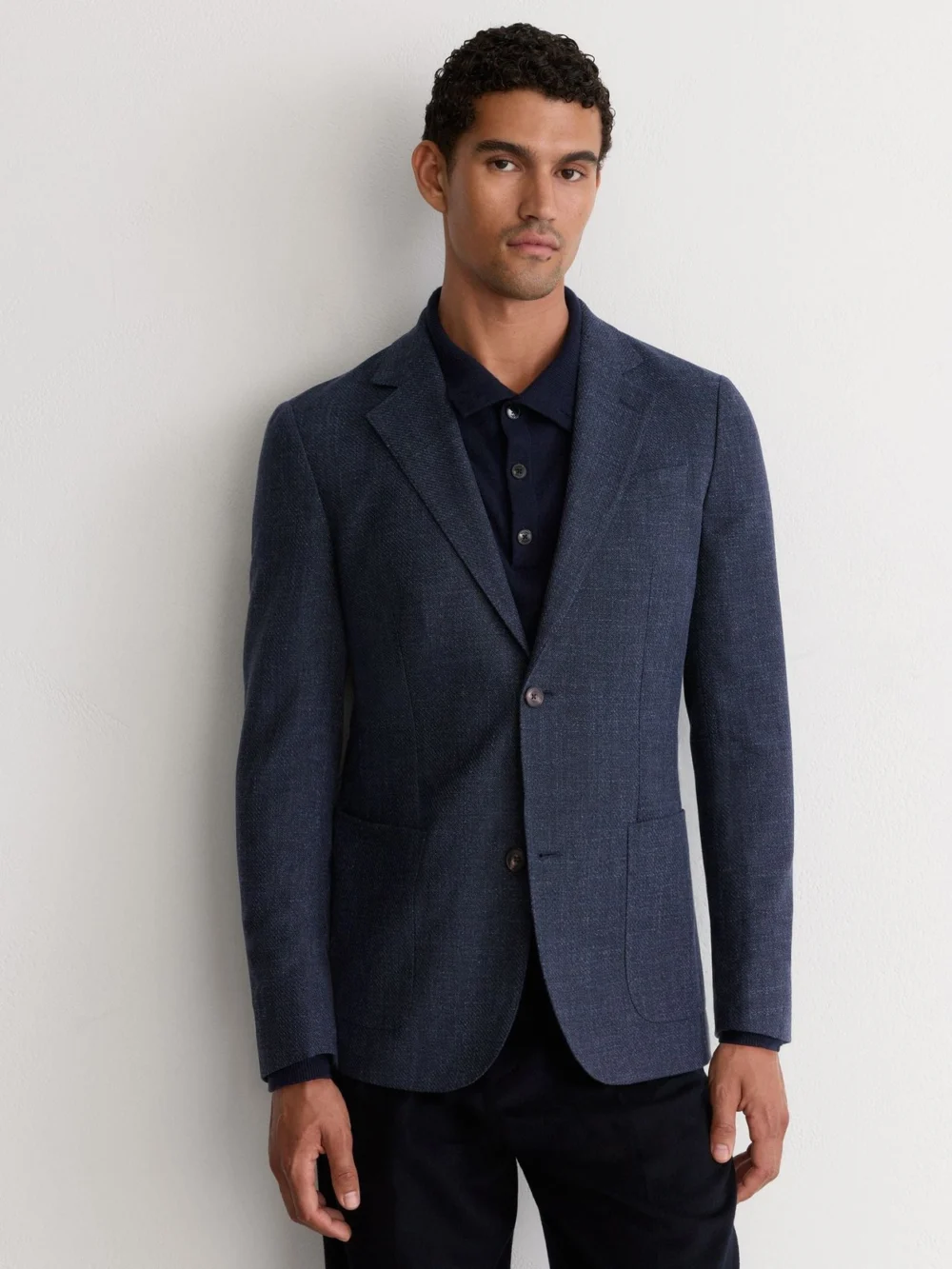 Reiss Denim Blue Cotton Hopsack Single-breasted Blazer Tailored-fit