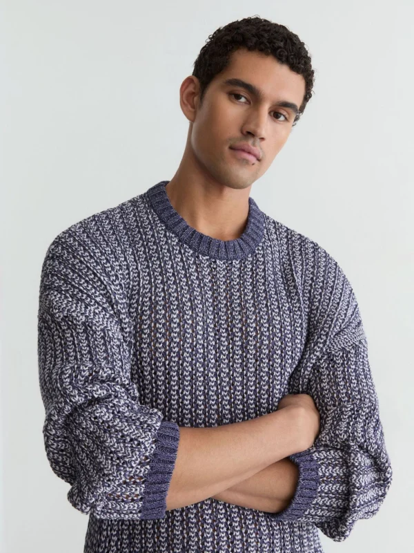 Reiss Denim Blue Jaspe Cotton-blend Tape-yarn Crew-neck Jumper
