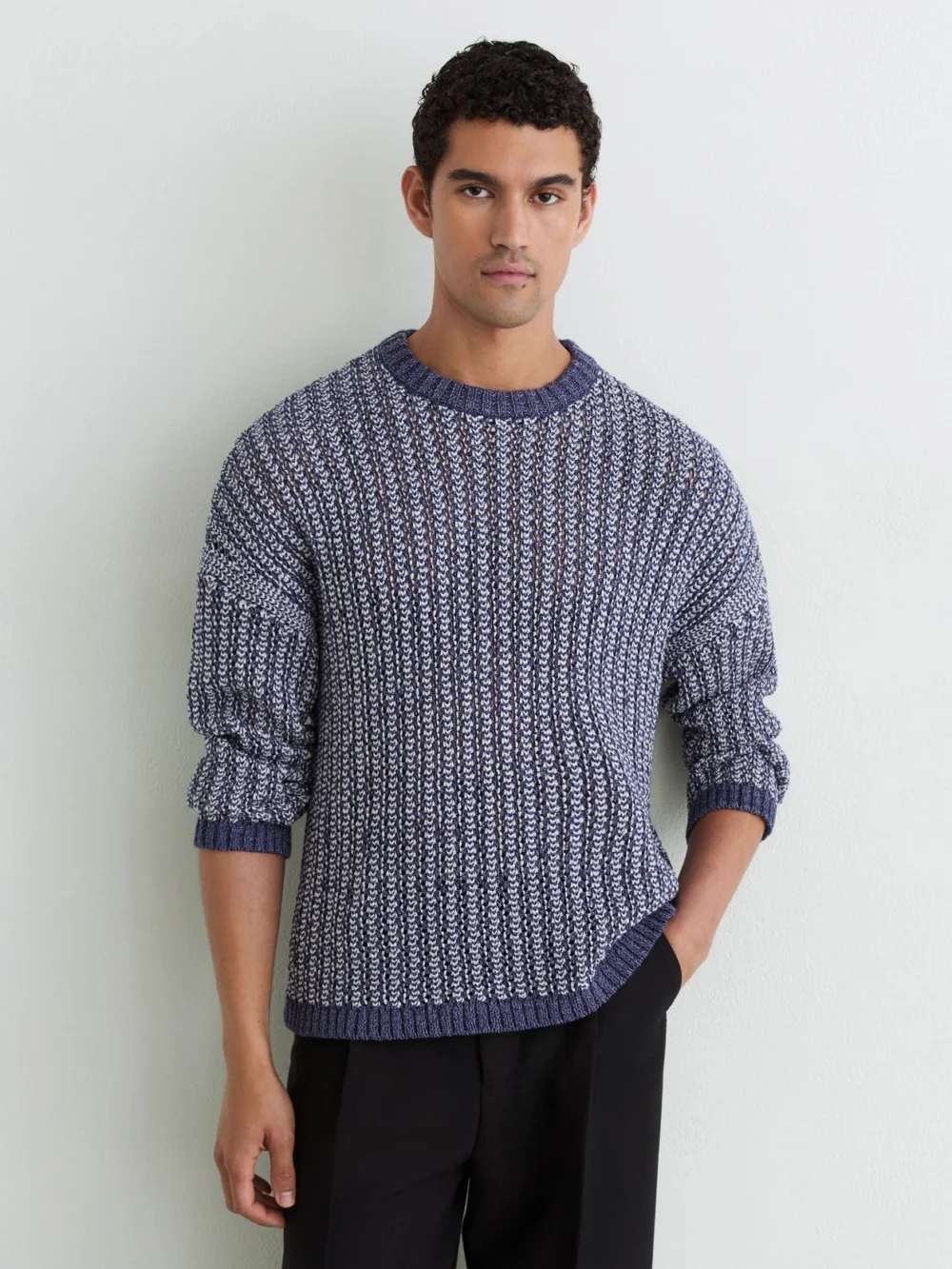 Reiss Denim Blue Jaspe Cotton-blend Tape-yarn Crew-neck Jumper, view 4