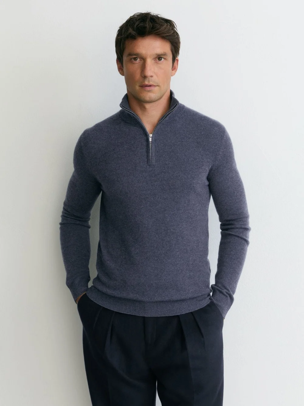 Reiss Denim Melange Cashmere Half-zip Jumper, view 4